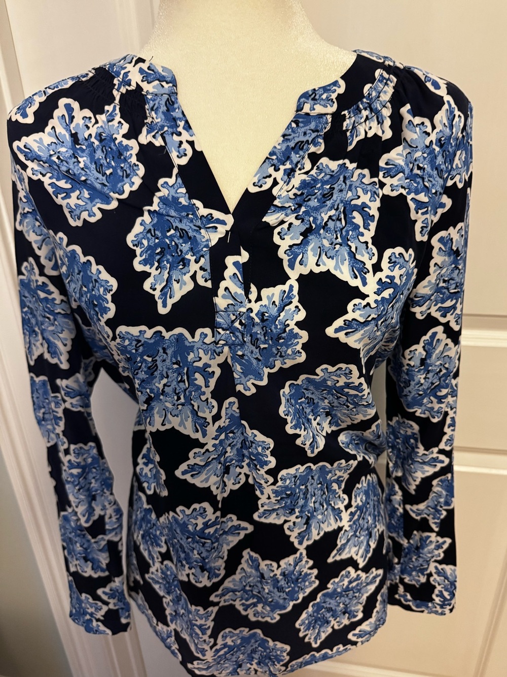 crown & ivy Black Blouse with Blue Floral Print